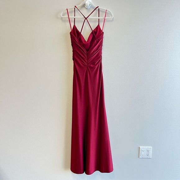La Femme Women’s Size 2 Burgundy Ruched Party Cocktail Mail Dress Gown Stretch - Picture 6 of 10